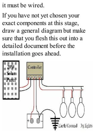 it must be wired.
If you have not yet chosen your
exact components at this stage,
draw a general diagram but make
sure that you flesh this out into a
detailed document before the
installation goes ahead.
 