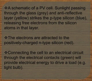 A schematic of a PV cell. Sunlight passing
through the glass (grey) and anti-reflective
layer (yellow) strikes the p-type silicon (blue),
releasing free electrons from the silicon
atoms in that layer.
The electrons are attracted to the
positively-charged n-type silicon (red).
Connecting the cell to an electrical circuit
through the electrical contacts (green) will
provide electrical energy to drive a load (e.g.
light bulb).
 