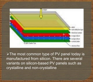 The most common type of PV panel today is
manufactured from silicon. There are several
variants on silicon-based PV panels such as
crystalline and non-crystalline
 
