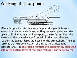 Working of solar pond:




The solar pond works on a very simple principle. It is well-
known that water or air is heated they become lighter and rise
upward. Similarly, in an ordinary pond, the sun’s rays heat the
water and the heated water from within the pond rises and
reaches the top but loses the heat into the atmosphere. The net
result is that the pond water remains at the atmospheric
temperature. The solar pond restricts this tendency by dissolving
salt in the bottom layer of the pond making it too heavy to rise.
 