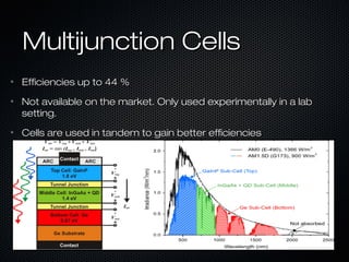 Multijunction Cells
•   Efficiencies up to 44 %
•   Not available on the market. Only used experimentally in a lab
    setting.
•   Cells are used in tandem to gain better efficiencies
 