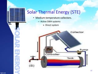 Solar Thermal Energy (STE)
• Medium-temperature collectors.
– Active SWH systems
» Direct system
17
 