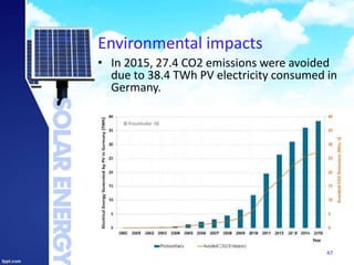 Environmental impacts
• In 2015, 27.4 CO2 emissions were avoided
due to 38.4 TWh PV electricity consumed in
Germany.
47
 