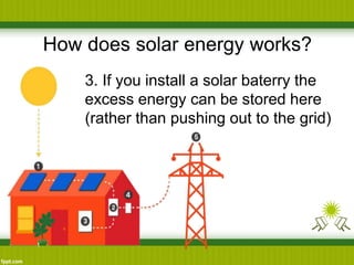 How does solar energy works?
3. If you install a solar baterry the
excess energy can be stored here
(rather than pushing out to the grid)
 