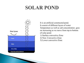 It is an artificial constructed pond.
It consist of different layers of water
Temperature as well as salt concentration goes
on increasing as we move from top to bottom
of solar pond.
1) Surface convective Zone
2) Non- Convective Zone
3) Lower convective Zone
 