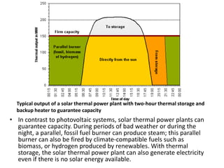 • In contrast to photovoltaic systems, solar thermal power plants can
guarantee capacity. During periods of bad weather or during the
night, a parallel, fossil fuel burner can produce steam; this parallel
burner can also be fired by climate-compatible fuels such as
biomass, or hydrogen produced by renewables. With thermal
storage, the solar thermal power plant can also generate electricity
even if there is no solar energy available.
Typical output of a solar thermal power plant with two-hour thermal storage and
backup heater to guarantee capacity
 