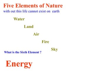 Five Elements of Nature
with out this life cannot exist on earth
Water
Land
Air
Fire
Sky
What is the Sixth Element ?
Energy
 