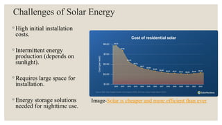 Challenges of Solar Energy
◦ High initial installation
costs.
◦ Intermittent energy
production (depends on
sunlight).
◦ Requires large space for
installation.
◦ Energy storage solutions
needed for nighttime use.
Image-Solar is cheaper and more efficient than ever
 