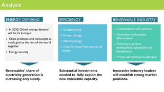 Analysis
ENERGY DEMAND EFFICIENCY RENEWABLE INDUSTRY
»  In 2030, China’s energy demand
will be 2x Europe’s
»  China produces and consumpts as
much goal as the rest of the world
together
»  Energy security
»  Outdated grid
»  Energy storage
»  Wasted energy
»  Cities far away from sources of
energy
»  Consolidation will continue
»  Innovation and product
differentation
»  Entering to project
development, operations and
maintenance
»  Prices will continue to decrease
Renewables’ share of
electricity generation is
increasing only slowly.
Substantial investments
needed to fully exploit the
new renewable capacity.
Innovative industry leaders
will establish strong market
positions.
 