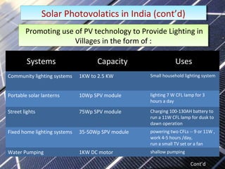 Promoting use of PV technology to Provide Lighting in
Villages in the form of :
Promoting use of PV technology to Provide Lighting in
Villages in the form of :
Solar Photovolatics in India (cont’d)
Solar Photovolatics in India (cont’d)
Cont’d
Systems Capacity Uses
Community lighting systems 1KW to 2.5 KW Small household lighting system
Portable solar lanterns 10Wp SPV module lighting 7 W CFL lamp for 3
hours a day
Street lights 75Wp SPV module Charging 100-130AH battery to
run a 11W CFL lamp for dusk to
dawn operation
Fixed home lighting systems 35-50Wp SPV module powering two CFLs -- 9 or 11W ,
work 4-5 hours /day,
run a small TV set or a fan
Water Pumping 1KW DC motor shallow pumping
 