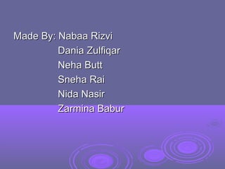 Made By: Nabaa Rizvi
Dania Zulfiqar
Neha Butt
Sneha Rai
Nida Nasir
Zarmina Babur

 