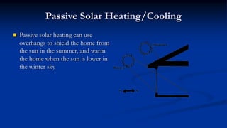 Passive Solar Heating/Cooling
 Passive solar heating can use
overhangs to shield the home from
the sun in the summer, and warm
the home when the sun is lower in
the winter sky
 