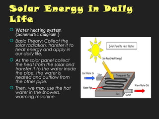 Solar Energy in DailySolar Energy in Daily
LifeLife
 Water heating system
(Schematic diagram )
 Basic Theory: Collect the
solar radiation, transfer it to
heat energy and apply in
our daily life.
 As the solar panel collect
the heat from the solar and
transfer it to the water inside
the pipe, the water is
heated and outflow from
the other pipe.
 Then, we may use the hot
water in the showers,
warming machine.
 