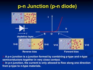 V
I
R O F
p n
p n
V>0 V<0
Reverse bias Forward bias
p-n Junction (p-n diode)
 A p-n junction is a junction formed by combining p-type and n-type
semiconductors together in very close contact.
 In p-n junction, the current is only allowed to flow along one direction
from p-type to n-type materials.
i
p n
V<0 V>0
depletion layer
- +
 