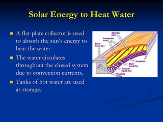 Solar Energy to Heat Water
 A flat-plate collector is used
to absorb the sun’s energy to
heat the water.
 The water circulates
throughout the closed system
due to convection currents.
 Tanks of hot water are used
as storage.
 