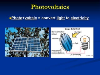 Photovoltaics
Photo+voltaic = convert light to electricity
 