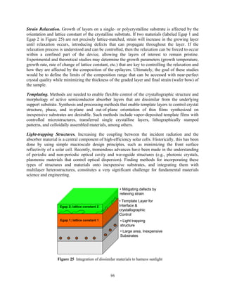 96
Strain Relaxation. Growth of layers on a single- or polycrystalline substrate is affected by the
orientation and lattice constant of the crystalline substrate. If two materials (labeled Egap 1 and
Egap 2 in Figure 25) are not precisely lattice-matched, strain will increase in the growing layer
until relaxation occurs, introducing defects that can propagate throughout the layer. If the
relaxation process is understood and can be controlled, then the relaxation can be forced to occur
within a confined part of the device, allowing the layers of interest to remain pristine.
Experimental and theoretical studies may determine the growth parameters (growth temperature,
growth rate, rate of change of lattice constant, etc.) that are key to controlling the relaxation and
how they are affected by the composition of the epilayers. Ultimately, the goal of these studies
would be to define the limits of the composition range that can be accessed with near-perfect
crystal quality while minimizing the thickness of the graded layer and final strain (wafer bow) of
the sample.
Templating. Methods are needed to enable flexible control of the crystallographic structure and
morphology of active semiconductor absorber layers that are dissimilar from the underlying
support substrate. Synthesis and processing methods that enable template layers to control crystal
structure, phase, and in-plane and out-of-plane orientation of thin films synthesized on
inexpensive substrates are desirable. Such methods include vapor-deposited template films with
controlled microstructures, transferred single crystalline layers, lithographically stamped
patterns, and colloidally assembled materials, among others.
Light-trapping Structures. Increasing the coupling between the incident radiation and the
absorber material is a central component of high-efficiency solar cells. Historically, this has been
done by using simple macroscale design principles, such as minimizing the front surface
reflectivity of a solar cell. Recently, tremendous advances have been made in the understanding
of periodic and non-periodic optical cavity and waveguide structures (e.g., photonic crystals,
plasmonic materials that control optical dispersion). Finding methods for incorporating these
types of structures and materials onto inexpensive substrates, and integrating them with
multilayer heterostructures, constitutes a very significant challenge for fundamental materials
science and engineering.
Egap 1; lattice constant 1
Egap 2; lattice constant 2
• Mitigating defects by
relieving strain
• Large area, Inexpensive
Substrates
• Light trapping
structure
• Template Layer for
Interface &
crystallographic
Control
Figure 2.
Egap 1; lattice constant 1
Egap 2; lattice constant 2
• Mitigating defects by
relieving strain
• Large area, Inexpensive
Substrates
• Light trapping
structure
• Template Layer for
Interface &
crystallographic
Control
Figure 2.
Figure 25 Integration of dissimilar materials to harness sunlight
 