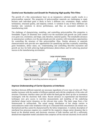 97
Control over Nucleation and Growth for Producing High-quality Thin Films
The growth of a thin semiconductor layer on an inexpensive substrate usually results in a
polycrystalline material. The properties of polycrystalline materials are challenging to study
because each individual grain is likely to have a different size, orientation, shape, surface
termination, structural quality, and impurity content. A variation in any of these attributes can
translate into variations in device performance, and thus an associated reduction in
manufacturing yield.
The challenge of characterizing, modeling, and controlling polycrystalline film properties is
formidable. Figure 26 illustrates how control over the nucleation and growth can yield control
over grain size, orientation, and shape, and, therefore, material quality. The remarkable advances
in nanostructure synthesis over the past decade provide scientists with tremendous opportunities
for controlling the structure of thin polycrystalline films. Similar advances in materials
characterization tools provide new opportunities for quantifying and thus eventually controlling
grain boundaries, defect states, etc. Understanding and controlling thin-film nucleation and
growth are key for both achieving high-performance photovoltaics and for achieving practical
success in the manufacturing environment.
Sparse, oriented
uniform nuclei Non-uniform, non-
oriented nuclei
Film Nucleation
Large oriented grains
Misaligned grains
Growth
Sparse, oriented
uniform nuclei Non-uniform, non-
oriented nuclei
Film Nucleation
Large oriented grains
Misaligned grains
Growth
Large oriented grains
Misaligned grains
Growth
Figure 26 Controlling nucleation and growth
Improve Understanding of Carrier Dynamics at Interfaces
Interfaces between different materials are necessary ingredients of every type of solar cell. Their
number increases with the number of different materials and with the complexity of the solar cell
structure. Electronic interface states can fall within the band gap but show up also as resonances
isoenergetic with the electronic bulk states. Recent advances in experimental and theoretical
techniques now give access to real-time measurements and modeling of the underlying
interfacial charge carrier dynamics on the relevant time scales. The latter range from a few
femtoseconds to milliseconds. The actual energy distribution of hot charge carriers in
semiconductors under solar irradiation with up to a thousand-fold concentration can remain non-
thermalized and thus cannot be characterized by the lattice temperature. A realistic description of
interfacial loss processes requires (a) a model for the respective charge carrier dynamics that is
based on the detailed atomic and electronic structure of bulk interface and (b) a sufficiently
detailed time-dependent model calculation that comprises all the relevant electronic levels and all
 