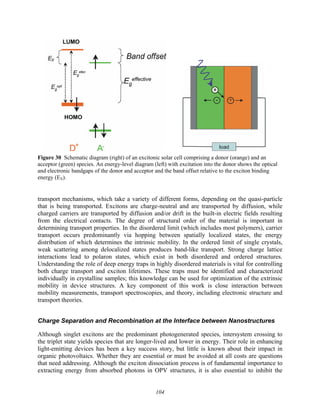 104
Figure 30 Schematic diagram (right) of an excitonic solar cell comprising a donor (orange) and an
acceptor (green) species. An energy-level diagram (left) with excitation into the donor shows the optical
and electronic bandgaps of the donor and acceptor and the band offset relative to the exciton binding
energy (EX).
transport mechanisms, which take a variety of different forms, depending on the quasi-particle
that is being transported. Excitons are charge-neutral and are transported by diffusion, while
charged carriers are transported by diffusion and/or drift in the built-in electric fields resulting
from the electrical contacts. The degree of structural order of the material is important in
determining transport properties. In the disordered limit (which includes most polymers), carrier
transport occurs predominantly via hopping between spatially localized states, the energy
distribution of which determines the intrinsic mobility. In the ordered limit of single crystals,
weak scattering among delocalized states produces band-like transport. Strong charge lattice
interactions lead to polaron states, which exist in both disordered and ordered structures.
Understanding the role of deep energy traps in highly disordered materials is vital for controlling
both charge transport and exciton lifetimes. These traps must be identified and characterized
individually in crystalline samples; this knowledge can be used for optimization of the extrinsic
mobility in device structures. A key component of this work is close interaction between
mobility measurements, transport spectroscopies, and theory, including electronic structure and
transport theories.
Charge Separation and Recombination at the Interface between Nanostructures
Although singlet excitons are the predominant photogenerated species, intersystem crossing to
the triplet state yields species that are longer-lived and lower in energy. Their role in enhancing
light-emitting devices has been a key success story, but little is known about their impact in
organic photovoltaics. Whether they are essential or must be avoided at all costs are questions
that need addressing. Although the exciton dissociation process is of fundamental importance to
extracting energy from absorbed photons in OPV structures, it is also essential to inhibit the
 