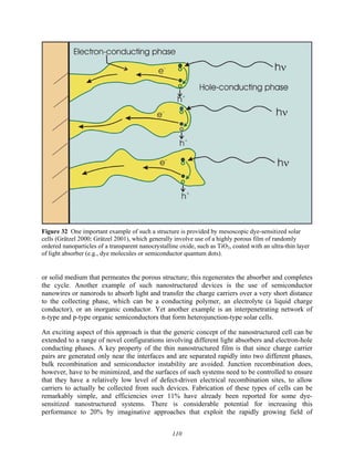 110
Figure 32 One important example of such a structure is provided by mesoscopic dye-sensitized solar
cells (Grätzel 2000; Grätzel 2001), which generally involve use of a highly porous film of randomly
ordered nanoparticles of a transparent nanocrystalline oxide, such as TiO2, coated with an ultra-thin layer
of light absorber (e.g., dye molecules or semiconductor quantum dots).
or solid medium that permeates the porous structure; this regenerates the absorber and completes
the cycle. Another example of such nanostructured devices is the use of semiconductor
nanowires or nanorods to absorb light and transfer the charge carriers over a very short distance
to the collecting phase, which can be a conducting polymer, an electrolyte (a liquid charge
conductor), or an inorganic conductor. Yet another example is an interpenetrating network of
n-type and p-type organic semiconductors that form heterojunction-type solar cells.
An exciting aspect of this approach is that the generic concept of the nanostructured cell can be
extended to a range of novel configurations involving different light absorbers and electron-hole
conducting phases. A key property of the thin nanostructured film is that since charge carrier
pairs are generated only near the interfaces and are separated rapidly into two different phases,
bulk recombination and semiconductor instability are avoided. Junction recombination does,
however, have to be minimized, and the surfaces of such systems need to be controlled to ensure
that they have a relatively low level of defect-driven electrical recombination sites, to allow
carriers to actually be collected from such devices. Fabrication of these types of cells can be
remarkably simple, and efficiencies over 11% have already been reported for some dye-
sensitized nanostructured systems. There is considerable potential for increasing this
performance to 20% by imaginative approaches that exploit the rapidly growing field of
 