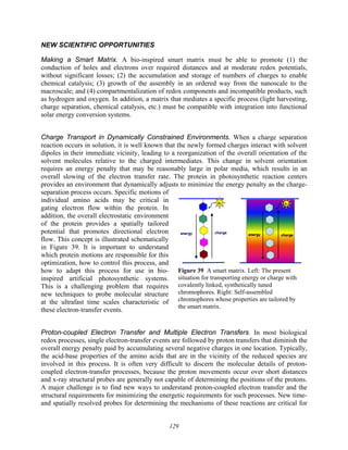 129
hν
charge
charge
energy energy
hν
Figure 39 A smart matrix. Left: The present
situation for transporting energy or charge with
covalently linked, synthetically tuned
chromophores. Right: Self-assembled
chromophores whose properties are tailored by
the smart matrix.
NEW SCIENTIFIC OPPORTUNITIES
Making a Smart Matrix. A bio-inspired smart matrix must be able to promote (1) the
conduction of holes and electrons over required distances and at moderate redox potentials,
without significant losses; (2) the accumulation and storage of numbers of charges to enable
chemical catalysis; (3) growth of the assembly in an ordered way from the nanoscale to the
macroscale; and (4) compartmentalization of redox components and incompatible products, such
as hydrogen and oxygen. In addition, a matrix that mediates a specific process (light harvesting,
charge separation, chemical catalysis, etc.) must be compatible with integration into functional
solar energy conversion systems.
Charge Transport in Dynamically Constrained Environments. When a charge separation
reaction occurs in solution, it is well known that the newly formed charges interact with solvent
dipoles in their immediate vicinity, leading to a reorganization of the overall orientation of the
solvent molecules relative to the charged intermediates. This change in solvent orientation
requires an energy penalty that may be reasonably large in polar media, which results in an
overall slowing of the electron transfer rate. The protein in photosynthetic reaction centers
provides an environment that dynamically adjusts to minimize the energy penalty as the charge-
separation process occurs. Specific motions of
individual amino acids may be critical in
gating electron flow within the protein. In
addition, the overall electrostatic environment
of the protein provides a spatially tailored
potential that promotes directional electron
flow. This concept is illustrated schematically
in Figure 39. It is important to understand
which protein motions are responsible for this
optimization, how to control this process, and
how to adapt this process for use in bio-
inspired artificial photosynthetic systems.
This is a challenging problem that requires
new techniques to probe molecular structure
at the ultrafast time scales characteristic of
these electron-transfer events.
Proton-coupled Electron Transfer and Multiple Electron Transfers. In most biological
redox processes, single electron-transfer events are followed by proton transfers that diminish the
overall energy penalty paid by accumulating several negative charges in one location. Typically,
the acid-base properties of the amino acids that are in the vicinity of the reduced species are
involved in this process. It is often very difficult to discern the molecular details of proton-
coupled electron-transfer processes, because the proton movements occur over short distances
and x-ray structural probes are generally not capable of determining the positions of the protons.
A major challenge is to find new ways to understand proton-coupled electron transfer and the
structural requirements for minimizing the energetic requirements for such processes. New time-
and spatially resolved probes for determining the mechanisms of these reactions are critical for
 
