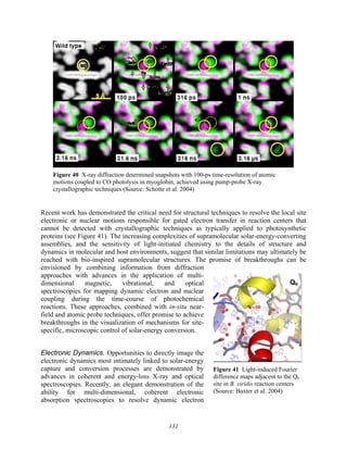 131
Figure 41 Light-induced Fourier
difference maps adjacent to the Qb
site in B. viridis reaction centers
(Source: Baxter et al. 2004)
Qb
Figure 40 X-ray diffraction determined snapshots with 100-ps time-resolution of atomic
motions coupled to CO photolysis in myoglobin, achieved using pump-probe X-ray
crystallographic techniques (Source: Schotte et al. 2004)
Recent work has demonstrated the critical need for structural techniques to resolve the local site
electronic or nuclear motions responsible for gated electron transfer in reaction centers that
cannot be detected with crystallographic techniques as typically applied to photosynthetic
proteins (see Figure 41). The increasing complexities of supramolecular solar-energy-converting
assemblies, and the sensitivity of light-initiated chemistry to the details of structure and
dynamics in molecular and host environments, suggest that similar limitations may ultimately be
reached with bio-inspired supramolecular structures. The promise of breakthroughs can be
envisioned by combining information from diffraction
approaches with advances in the application of multi-
dimensional magnetic, vibrational, and optical
spectroscopies for mapping dynamic electron and nuclear
coupling during the time-course of photochemical
reactions. These approaches, combined with in-situ near-
field and atomic probe techniques, offer promise to achieve
breakthroughs in the visualization of mechanisms for site-
specific, microscopic control of solar-energy conversion.
Electronic Dynamics. Opportunities to directly image the
electronic dynamics most intimately linked to solar-energy
capture and conversion processes are demonstrated by
advances in coherent and energy-loss X-ray and optical
spectroscopies. Recently, an elegant demonstration of the
ability for multi-dimensional, coherent electronic
absorption spectroscopies to resolve dynamic electron
 