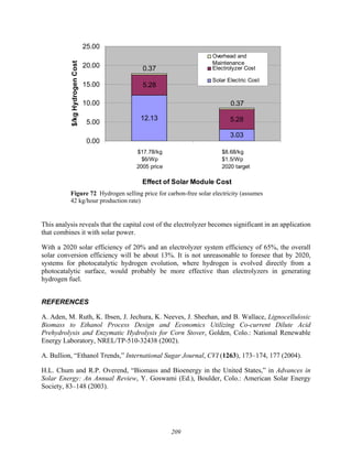 209
12.13
3.03
5.28
5.28
0.37
0.37
0.00
5.00
10.00
15.00
20.00
25.00
Effect of Solar Module Cost
$/kg
Hydrogen
Cost
Overhead and
Maintenance
Electrolyzer Cost
Solar Electric Cost
$17.78/kg
$6/Wp
2005 price
$8.68/kg
$1.5/Wp
2020 target
Figure 72 Hydrogen selling price for carbon-free solar electricity (assumes
42 kg/hour production rate)
This analysis reveals that the capital cost of the electrolyzer becomes significant in an application
that combines it with solar power.
With a 2020 solar efficiency of 20% and an electrolyzer system efficiency of 65%, the overall
solar conversion efficiency will be about 13%. It is not unreasonable to foresee that by 2020,
systems for photocatalytic hydrogen evolution, where hydrogen is evolved directly from a
photocatalytic surface, would probably be more effective than electrolyzers in generating
hydrogen fuel.
REFERENCES
A. Aden, M. Ruth, K. Ibsen, J. Jechura, K. Neeves, J. Sheehan, and B. Wallace, Lignocellulosic
Biomass to Ethanol Process Design and Economics Utilizing Co-current Dilute Acid
Prehydrolysis and Enzymatic Hydrolysis for Corn Stover, Golden, Colo.: National Renewable
Energy Laboratory, NREL/TP-510-32438 (2002).
A. Bullion, “Ethanol Trends,” International Sugar Journal, CVI (1263), 173–174, 177 (2004).
H.L. Chum and R.P. Overend, “Biomass and Bioenergy in the United States,” in Advances in
Solar Energy: An Annual Review, Y. Goswami (Ed.), Boulder, Colo.: American Solar Energy
Society, 83–148 (2003).
 