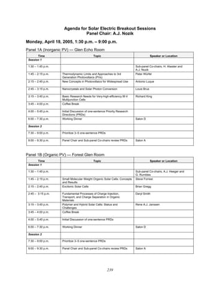 239
Agenda for Solar Electric Breakout Sessions
Panel Chair: A.J. Nozik
Monday, April 18, 2005, 1:30 p.m. – 9:00 p.m.
Panel 1A (Inorganic PV) — Glen Echo Room
Time Topic Speaker or Location
Session 1
1:30 – 1:45 p.m. Sub-panel Co-chairs, H. Atwater and
A.J. Nozik
1:45 – 2:15 p.m. Thermodynamic Limits and Approaches to 3rd
Generation Photovoltaics (PVs)
Peter Würfel
2:15 – 2:45 p.m. New Concepts in Photovoltaics for Widespread Use Antonio Luque
2:45 – 3:15 p.m. Nanocrystals and Solar Photon Conversion Louis Brus
3:15 – 3:45 p.m. Basic Research Needs for Very-high-efficiency III-V
Multijunction Cells
Richard King
3:45 – 4:00 p.m. Coffee Break
4:00 – 5:45 p.m. Initial Discussion of one-sentence Priority Research
Directions (PRDs)
6:00 – 7:30 p.m. Working Dinner Salon D
Session 2
7:30 – 9:00 p.m. Prioritize 3–5 one-sentence PRDs
9:00 – 9:30 p.m. Panel Chair and Sub-panel Co-chairs review PRDs Salon A
Panel 1B (Organic PV) — Forest Glen Room
Time Topic Speaker or Location
Session 1
1:30 – 1:45 p.m. Sub-panel Co-chairs, A.J. Heeger and
G. Rumbles
1:45 – 2:15 p.m. Small Molecular Weight Organic Solar Cells: Concepts
and Results
Steve Forrest
2:15 – 2:45 p.m. Excitonic Solar Cells Brian Gregg
2:45 – 3:15 p.m. Fundamental Processes of Charge Injection,
Transport, and Charge Separation in Organic
Materials
Daryl Smith
3:15 – 3:45 p.m. Polymer and Hybrid Solar Cells: Status and
Challenges
Rene A.J. Janssen
3:45 – 4:00 p.m. Coffee Break
4:00 – 5:45 p.m. Initial Discussion of one-sentence PRDs
6:00 – 7:30 p.m. Working Dinner Salon D
Session 2
7:30 – 9:00 p.m. Prioritize 3–5 one-sentence PRDs
9:00 – 9:30 p.m. Panel Chair and Sub-panel Co-chairs review PRDs Salon A
 