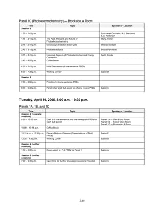 240
Panel 1C (Photoelectrochemistry) — Brookside A Room
Time Topic Speaker or Location
Session 1
1:30 – 1:45 p.m. Sub-panel Co-chairs, A.J. Bard and
B.A. Parkinson
1:45 – 2:15 p.m. The Past, Present, and Future of
Photoelectrochemistry
Mary Archer
2:15 – 2:45 p.m. Mesoscopic Injection Solar Cells Michael Grätzel
2:45 – 3:15 p.m. Photoelectrolysis Bruce Parkinson
3:15 – 3:45 p.m. Industrial Aspects of Photoelectrochemical Energy
Conversion
Keith Brooks
3:45 – 4:00 p.m. Coffee Break
4:00 – 5:45 p.m. Initial Discussion of one-sentence PRDs
6:00 – 7:30 p.m. Working Dinner Salon D
Session 2
7:30 – 9:00 p.m. Prioritize 3–5 one-sentence PRDs
9:00 – 9:30 p.m. Panel Chair and Sub-panel Co-chairs review PRDs Salon A
Tuesday, April 19, 2005, 8:00 a.m. – 9:30 p.m.
Panels 1A, 1B, and 1C
Time Topic Speaker or Location
Session 3 (separate
sessions)
8:00 – 10:00 a.m. Draft 3–5 one-sentence and one-viewgraph PRDs for
each Sub-panel
Panel 1A — Glen Echo Room
Panel 1B — Forest Glen Room
Panel 1C — Brookside A Room
10:00 – 10:15 a.m. Coffee Break
10:15 a.m. – 12:30 p.m. Plenary Midpoint Session (Presentations of Draft
PRDs)
Salon E
12:30 – 1:30 p.m. Working Lunch Salon D
Session 4 (unified
sessions)
1:30 – 6:00 p.m. Down-select to 7–9 PRDs for Panel 1 Salon A
Session 5 (unified
sessions)
7:30 – 9:30 p.m. Open time for further discussion sessions if needed Salon A
 