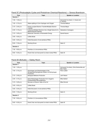 243
Panel 2C (Photocatalytic Cycles and Photodriven Chemical Reactions) — Seneca Boardroom
Time Topic Speaker or Location
Session 1
1:30 – 1:45 p.m. Sub-panel Co-chairs, C. Creutz and
D. Nocera
1:45 – 2:15 p.m. Water-splitting to Form Hydrogen and Oxygen Thomas Mallouk
2:15 – 2:45 p.m. Proton-coupled Electron Transfer/Multiple Electron
Transfer
Thomas Meyer
2:45 – 3:15 p.m. Collecting Multiple Electrons into a Single Subunit of a
Multicomponent Species
Sebastiano Campagna
3:15 – 3:45 p.m. Molecular Chemistry of Renewable Energy Daniel Nocera
3:45 – 4:00 p.m. Coffee Break
4:00 – 5:45 p.m. Initial Discussion of one-sentence PRDs
6:00 – 7:30 p.m. Working Dinner Salon D
Session 2
7:30 – 9:00 p.m. Prioritize 3–5 one-sentence PRDs
9:00 – 9:30 p.m. Panel Chair and Sub-panel Co-chairs review PRDs Salon B
Panel 2D (Biofuels) — Oakley Room
Time Topic Speaker or Location
Session 1
1:30 – 1:45 p.m. Sub-panel Co-chairs, Chris Somerville and
Bob Tabita
1:45 – 2:15 p.m. Advantages and Disadvantages of the
Nitrogenase/Hydrogenase System for Biohydrogen
Production
Paul Ludden
2:15 – 2:45 p.m. Biological Methane Production John Reeve
2:45 – 3:15 p.m. Direct Biohydrogen Production from Oxygenic
Photosynthetic Microorganisms
Mike Seibert
3:15 – 3:45 p.m. Biomass to Ethanol: State of the Art Mike Himmel
3:45 – 4:00 p.m. Coffee Break
4:00 – 5:45 p.m. Initial Discussion of one-sentence PRDs
6:00 – 7:30 p.m. Working Dinner Salon D
Session 2
7:30 – 9:00 p.m. Prioritize 3–5 one-sentence PRDs
9:00 – 9:30 p.m. Panel Chair and Sub-panel Co-chairs review PRDs Salon B
 