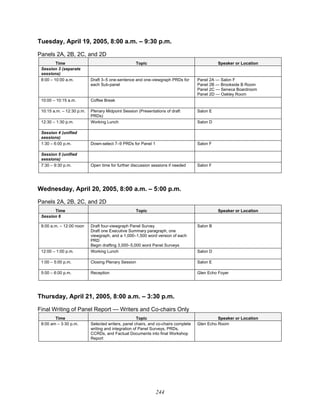 244
Tuesday, April 19, 2005, 8:00 a.m. – 9:30 p.m.
Panels 2A, 2B, 2C, and 2D
Time Topic Speaker or Location
Session 3 (separate
sessions)
8:00 – 10:00 a.m. Draft 3–5 one-sentence and one-viewgraph PRDs for
each Sub-panel
Panel 2A — Salon F
Panel 2B — Brookside B Room
Panel 2C — Seneca Boardroom
Panel 2D — Oakley Room
10:00 – 10:15 a.m. Coffee Break
10:15 a.m. – 12:30 p.m. Plenary Midpoint Session (Presentations of draft
PRDs)
Salon E
12:30 – 1:30 p.m. Working Lunch Salon D
Session 4 (unified
sessions)
1:30 – 6:00 p.m. Down-select 7–9 PRDs for Panel 1 Salon F
Session 5 (unified
sessions)
7:30 – 9:30 p.m. Open time for further discussion sessions if needed Salon F
Wednesday, April 20, 2005, 8:00 a.m. – 5:00 p.m.
Panels 2A, 2B, 2C, and 2D
Time Topic Speaker or Location
Session 6
8:00 a.m. – 12:00 noon Draft four-viewgraph Panel Survey
Draft one Executive Summary paragraph, one
viewgraph, and a 1,000–1,500 word version of each
PRD
Begin drafting 3,000–5,000 word Panel Surveys
Salon B
12:00 – 1:00 p.m. Working Lunch Salon D
1:00 – 5:00 p.m. Closing Plenary Session Salon E
5:00 – 6:00 p.m. Reception Glen Echo Foyer
Thursday, April 21, 2005, 8:00 a.m. – 3:30 p.m.
Final Writing of Panel Report — Writers and Co-chairs Only
Time Topic Speaker or Location
8:00 am – 3:30 p.m. Selected writers, panel chairs, and co-chairs complete
writing and integration of Panel Surveys, PRDs,
CCRDs, and Factual Documents into final Workshop
Report
Glen Echo Room
 