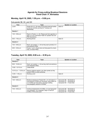 247
Agenda for Cross-cutting Breakout Sessions
Panel Chair: P. Alivisatos
Monday, April 18, 2005, 1:30 p.m. – 9:00 p.m.
Sub-panels 3B, 3C, and 3D
Time Topic Speaker or Location
Lunch Panels 3B, 3C, 3D meet at sub-panel-reserved tables
to discuss activities pending for Tuesday and
Wednesday
Salon D
Session 1
1:30 – 5:00 p.m. Roam to Panels 1, 2, 3A. Please see their agendas on
web or in your information folder for speaker lists and
PRD discussions.
6:00 – 7:30 p.m. Working Dinner Salon D
Session 2
7:30 – 9:00 p.m. Roam: join panels 1, 2, 3A as they each prioritize 3–5
one-sentence PRDs
9:00 – 9:30 p.m. Panels 1 and 2: Panel chair and Sub-panel Co-chairs
only, to review PRDs
Tuesday, April 19, 2005, 8:00 a.m. – 9:30 p.m.
Time Topic Speaker or Location
Session 3
8:00 – 10:00 a.m. Roam: join panels 1, 2, 3A as they draft one-sentence,
one-viewgraph PRDs
10:00 - 10:15 a.m. Coffee Break
10:15 a.m. – 12:30 p.m. Plenary midpoint session: join other panels as they
present PRDs to entire workshop
12:30 – 1:30 p.m. Working Lunch Salon D
Session 4
1:30 – 6:00 p.m. Breakout sessions for Panels 3B, C, D; formulate 5–7
one-sentence CCRDs per Sub-panel; down-select for
2–3 CCRDs per Sub-panel, and begin drafting
one-paragraph versions of CCRDs
Sub-panel 3B — Brookside A
Sub-panel 3C — Brookside B
Sub-panel 3D — Forest Glen
Session 5
7:30 – 9:30 p.m. Continue development of CCRDs, 2–3 per Sub-panel:
one paragraph, one viewgraph; begin to draft full
CCRDs of 750 words each
Sub-panel 3B — Brookside A
Sub-panel 3C — Brookside B
Sub-panel 3D — Forest Glen
 