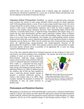 43
Figure 10 Hybrid light-driven proton pump
using charge separation within a donor-
acceptor triad and ATP synthase incorporated
into a liposome (Source: Steinberg-Yfrach et
al. 1998)
artificial RCs, have proven to be important tools to directly gauge the magnitude of the
intermolecular interactions responsible for a given rate of electron transfer and determine how
this rate depends on the details of molecular structure.
Integrating Artificial Photosynthetic Functions. An antenna, or light-harvesting molecular
array, increases the amount of solar energy absorbed without carrying out charge separation
itself. Following photoexcitation, a series of one or more energy transfer steps occurs; this series
of steps funnels the excitation energy to a site at which charge separation occurs. This process is
similar to what occurs in photosynthetic organisms, and it limits the need to produce large
amounts of the complex charge separation structures, while maintaining highly efficient light
collection. Covalently-linked arrays of light-harvesting chromophores that funnel energy to a
central site have been demonstrated, and they require significant synthetic efforts to produce
(Seth et al. 1996). By contrast, the ability to create self-assembling, robust, functional antenna
arrays is at an early stage of development. For example, new self-assembling antenna systems
produced from robust dyes used as industrial paint pigments hold significant promise as antenna
molecules (van der Boom et al. 2002). Several systems have been constructed that successfully
mimic the light-harvesting, energy-funneling, and charge-separation functions of the
photosynthetic RC (Liddell et al. 2004). These include systems in which self-assembly of a light-
harvesting antenna structure elicits co-assembly of an appropriate RC to carry out charge
separation (Rybtchinski et al. 2004).
Two of the most important photo-driven biological processes are the oxidation of water to O2
and protons, and proton pumping across membranes. The protons that result from the photo-
oxidation of water can be used to produce H2.
Photo-initiated, multi-step charge separation
(using a donor-acceptor triad contained within the
walls of a spherical nanoscale compartment made
from a lipid, i.e., a liposome) has been used to
pump protons to drive the synthesis of ATP, a
major energy-rich biological molecule (Figure 10)
(Steinberg-Yfrach et al. 1998). In addition, part of
the oxidative side of PSII has been modeled by
using a multi-step electron transfer cascade to
generate a potential sufficiently positive to
oxidize a Mn complex (Sun et al. 2001). These
examples illustrate the potential of artificial RC
components to carry out useful reactions to
produce fuels.
Photocatalysis and Photodriven Reactions
Photocatalysis is the process by which absorbed light is used to drive a chemical transformation
aided by a catalyst. The catalyst can either absorb the light itself or harness the light absorbed by
another molecule. Efficient solar fuel generation requires efficient (1) light absorption, (2) charge
separation, and (3) use of the separated charges in fuel-forming reactions (Figure 11). These
 