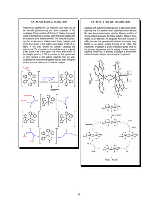 45
CATALYSTS FOR CO2 REDUCTION
Photo-driven catalysts for CO2 reduction have made use of
the versatile photochemistry and redox properties of Ru
complexes. Photo-excitation of Ru(bpy)3
2+ (below, top panel)
results in formation of an excited state that reacts readily with
the sacrificial donor triethanolamine. The reduced Ru(bpy)3
+
can then act as a source of electrons to drive a catalytic cycle
of the type shown in the bottom panel below (Pugh et al.
1991). In this cycle, another Ru complex catalyzes the
reduction of CO2 to formate ion. Input of electrons is required
at two points in the overall cycle. The overall mechanism for
the catalytic reduction of CO2 is complex, so that a great deal
of work remains to find optimal catalysts that are well-
coupled to the photochemical agents that use solar energy to
provide a source of electrons to drive the catalysts.
N
N
N
N
Ru
+
CO
H
N
N
N
N
Ru
0
CO
H
N
N
N
N
Ru
0
CO
NCCH3
N
N
N
N
Ru
0
CO
O
-.
-.
O
H
-.
-.
O
-
O
CH3CN
CO2
e
-
e
-
H2O, CO2
CH3CN, HCO3
-
N
N
N
N
N
N
Ru
2+
N
N
N
N
N
N
Ru
+
N(CH2CH2OH)3 N(CH2CH2OH)3
+
decomposition
products
hν
CATALYSTS FOR WATER OXIDATION
Catalysts with sufficient oxidizing power to split water remain
relatively rare. Yet, several recent catalysts based on Mn and
Ru have demonstrated water oxidation following addition of
strong oxidants to access the higher oxidation states of these
metals. As an example, the top panel shows the structure of
a Mn2 complex that generates O2 obtained from water using
NaOCl as an added oxidant (Limberg et al. 1999). The
mechanism of catalysis is shown in the lower panel. Thus far,
the turnover frequencies and the stability of water oxidation
catalysts remain low. In addition, coupling of a photo-driven
oxidant to these catalysts has not been accomplished.
 