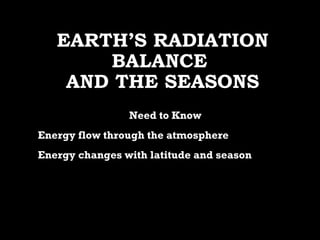 EARTH’S RADIATIONEARTH’S RADIATION
BALANCEBALANCE
AND THE SEASONSAND THE SEASONS
Need to KnowNeed to Know
Energy flow through the atmosphereEnergy flow through the atmosphere
Energy changes with latitude and seasonEnergy changes with latitude and season
 