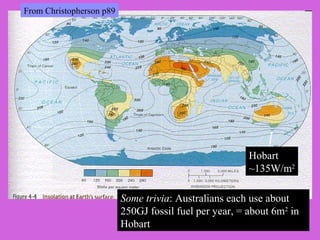 Hobart
~135W/m2
From Christopherson p89
Some trivia: Australians each use about
250GJ fossil fuel per year, = about 6m2
in
Hobart
 