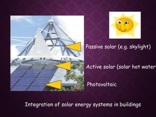 Passive solar (e.g. skylight)
Active solar (solar hot water)
Photovoltaic
Integration of solar energy systems in buildings
 
