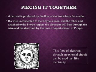 PIECING IT TOGETHERPIECING IT TOGETHER
• A current is produced by the flow of electrons from the n-side.A current is produced by the flow of electrons from the n-side.
• If a wire is connected to the N-type silicon, and the other endIf a wire is connected to the N-type silicon, and the other end
attached to the P-type region, the electrons will flow through theattached to the P-type region, the electrons will flow through the
wire and be absorbed by the boron doped silicon, or P-type.wire and be absorbed by the boron doped silicon, or P-type.
This flow of electrons
through an external circuit
can be used just like
electricity.
 