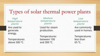 Types of solar thermal power plants
High
temperature
plants
Low
temperature
plants
Medium
temperature
plants
Are used to
generate
energy.
Temperatures
above 500 ºC.
Are commonly
used in homes.
Temperatures
less than
65 ºC.
Used for steam
production.
Temperatures
between 100
and 300 ºC.
 