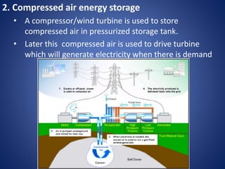 2. Compressed air energy storage
• A compressor/wind turbine is used to store
compressed air in pressurized storage tank.
• Later this compressed air is used to drive turbine
which will generate electricity when there is demand
 