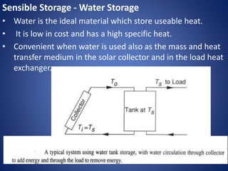 Sensible Storage - Water Storage
• Water is the ideal material which store useable heat.
• It is low in cost and has a high specific heat.
• Convenient when water is used also as the mass and heat
transfer medium in the solar collector and in the load heat
exchanger.
 