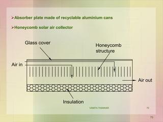 Absorber plate made of recyclable aluminium cans
Honeycomb solar air collector
Air out
Honeycomb
structure
Glass cover
Insulation
Air in
70
VANITA THAKKAR 70
 