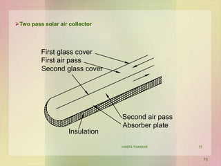 73
Two pass solar air collector
First glass cover
First air pass
Second glass cover
Second air pass
Absorber plate
Insulation
73
VANITA THAKKAR
 