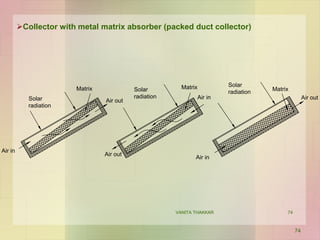 74
Collector with metal matrix absorber (packed duct collector)
Air in
Air out
Air out
Air in
Air in
Air outSolar
radiation
Solar
radiation
Solar
radiation
Matrix Matrix Matrix
74
VANITA THAKKAR
 