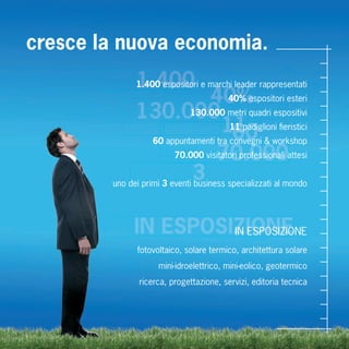 cresce la nuova economia.
              1.400
              1.400 espositori e marchi leader rappresentati
                                    40% 40% espositori esteri
              130.000 metri quadri espositivi
                              130.000
                                      11 60
                                        11 padiglioni ﬁeristici
                   60 appuntamenti tra convegni & workshop
                                     70.000
                         70.000 visitatori professionali attesi

                               3
        uno dei primi 3 eventi business specializzati al mondo




             IN ESPOSIZIONE
                      IN ESPOSIZIONE
              fotovoltaico, solare termico, architettura solare
                    mini-idroelettrico, mini-eolico, geotermico
               ricerca, progettazione, servizi, editoria tecnica
 