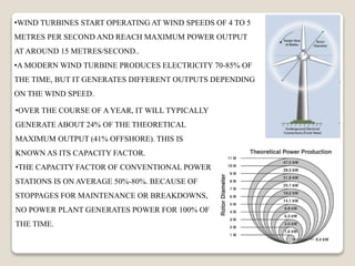 •WIND TURBINES START OPERATING AT WIND SPEEDS OF 4 TO 5
METRES PER SECOND AND REACH MAXIMUM POWER OUTPUT
AT AROUND 15 METRES/SECOND..
•A MODERN WIND TURBINE PRODUCES ELECTRICITY 70-85% OF
THE TIME, BUT IT GENERATES DIFFERENT OUTPUTS DEPENDING
ON THE WIND SPEED.
•OVER THE COURSE OF A YEAR, IT WILL TYPICALLY
GENERATE ABOUT 24% OF THE THEORETICAL
MAXIMUM OUTPUT (41% OFFSHORE). THIS IS
KNOWN AS ITS CAPACITY FACTOR.
•THE CAPACITY FACTOR OF CONVENTIONAL POWER
STATIONS IS ON AVERAGE 50%-80%. BECAUSE OF
STOPPAGES FOR MAINTENANCE OR BREAKDOWNS,
NO POWER PLANT GENERATES POWER FOR 100% OF
THE TIME.
 