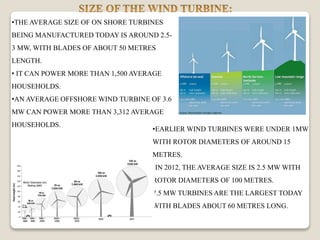 •THE AVERAGE SIZE OF ON SHORE TURBINES
BEING MANUFACTURED TODAY IS AROUND 2.5-
3 MW, WITH BLADES OF ABOUT 50 METRES
LENGTH.
• IT CAN POWER MORE THAN 1,500 AVERAGE
HOUSEHOLDS.
•AN AVERAGE OFFSHORE WIND TURBINE OF 3.6
MW CAN POWER MORE THAN 3,312 AVERAGE
HOUSEHOLDS.
•EARLIER WIND TURBINES WERE UNDER 1MW
WITH ROTOR DIAMETERS OF AROUND 15
METRES.
•IN 2012, THE AVERAGE SIZE IS 2.5 MW WITH
ROTOR DIAMETERS OF 100 METRES.
7.5 MW TURBINES ARE THE LARGEST TODAY
WITH BLADES ABOUT 60 METRES LONG.
 