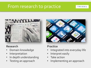 From research to practice
Research
• Domain knowledge
• Interpretation
• In depth understanding
• Testing an approach
Practice
• Integrated into everyday life
• Interpret easily
• Take action
• Implementing an approach
 
