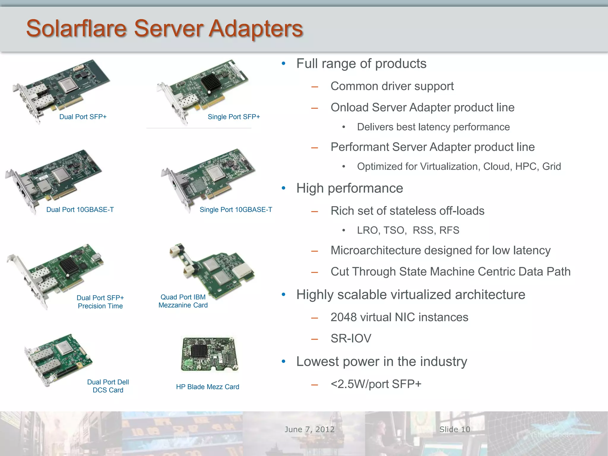 Solarflare Server Adapters
                                                                • Full range of products
                                                                      –   Common driver support
                                                                      –    Onload Server Adapter product line
    Dual Port SFP+                         Single Port SFP+
                                                                               •   Delivers best latency performance

                                                                      –    Performant Server Adapter product line
                                                                               •   Optimized for Virtualization, Cloud, HPC, Grid

                                                                • High performance
 Dual Port 10GBASE-T                    Single Port 10GBASE-T         –    Rich set of stateless off-loads
                                                                               •   LRO, TSO, RSS, RFS

                                                                      –    Microarchitecture designed for low latency
                                                                      –    Cut Through State Machine Centric Data Path

         Dual Port SFP+      Quad Port IBM                      • Highly scalable virtualized architecture
         Precision Time      Mezzanine Card

                                                                      –    2048 virtual NIC instances
                                                                      –    SR-IOV
                                                                • Lowest power in the industry
            Dual Port Dell
             DCS Card             HP Blade Mezz Card                  –    <2.5W/port SFP+


                                                                June 7, 2012                         Slide 10
 