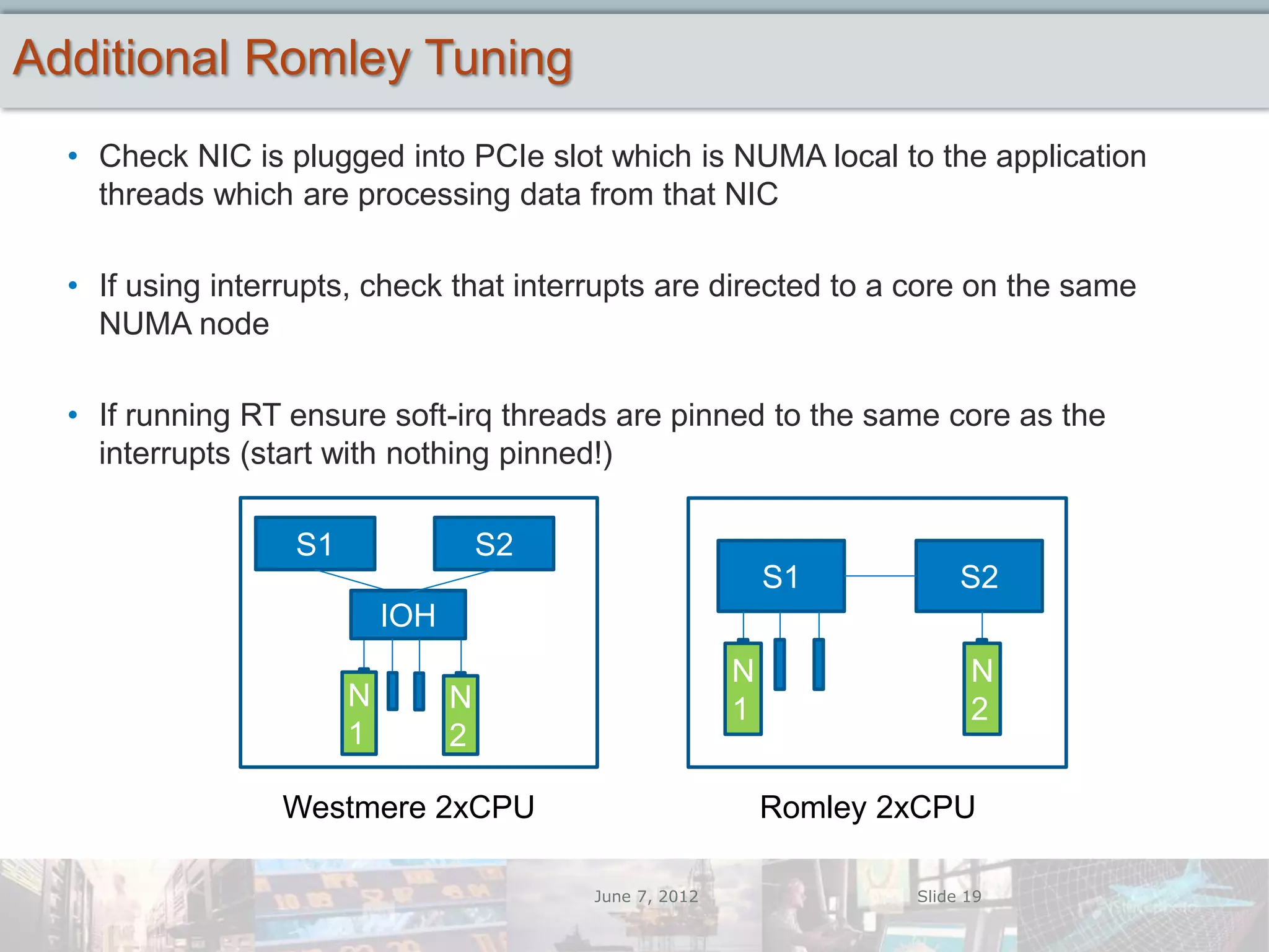 Additional Romley Tuning
  • Check NIC is plugged into PCIe slot which is NUMA local to the application
    threads which are processing data from that NIC

  • If using interrupts, check that interrupts are directed to a core on the same
    NUMA node

  • If running RT ensure soft-irq threads are pinned to the same core as the
    interrupts (start with nothing pinned!)

                  S1                 S2
                                                             S1           S2
                           IOH
                                                         N                 N
                       N         N                       1                 2
                       1         2

                 Westmere 2xCPU                              Romley 2xCPU

                                          June 7, 2012               Slide 19
 